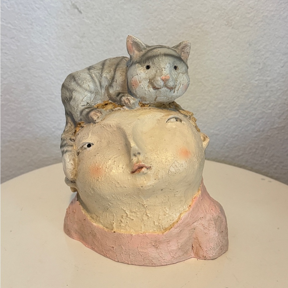 Funny Gray Kitty Cat Sitting on Woman's
Head Resin Sculpture Figurine
Whimsical